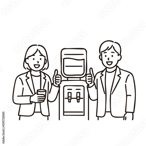 Heat‑stroke prevention – coworkers hydrating at water cooler thumbs‑up, minimal line art illustration