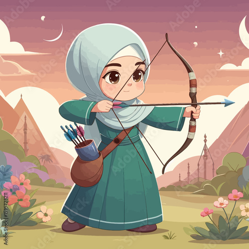 Muslim Child Female is Learning Archery