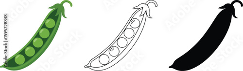 Pea pod illustration set: green pea, outline drawing, and black silhouette for design and decoration
