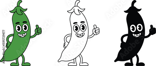Cartoon green bean character with thumbs up vector illustration for design and animation project