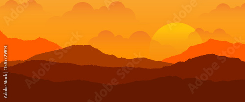 Mountains panorama. morning sunrise forest vector background illustration of panorama nature landscape. sunset background.