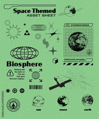 Retro Space Themed Y2K Streetwear Asset Sheet | Futuristic Sci-Fi Illustrations