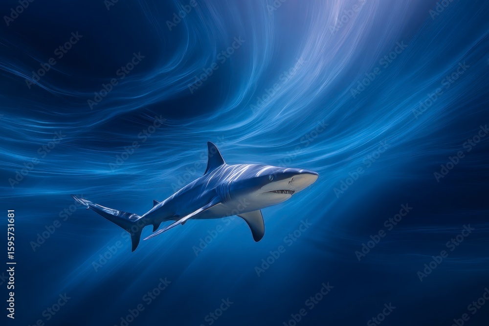 Fototapeta premium A shark swims in deep blue water light refracting above