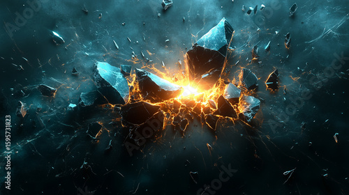 A dramatic explosion of a dark, rocky object with a glowing orange core. This powerful image is perfect for concepts of energy, creation, or destruction
