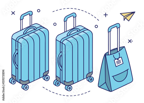 Blue wheeled luggage and travel bag with paper airplane suitcase