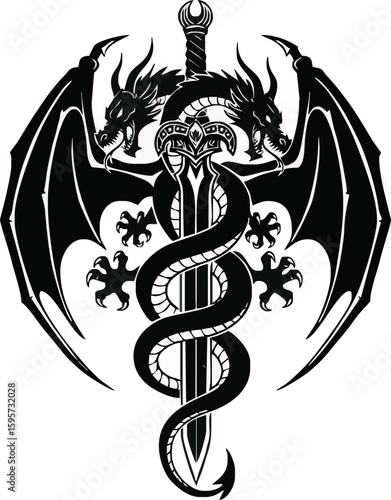 A black and white illustration of two-headed dragon entwined around a sword.