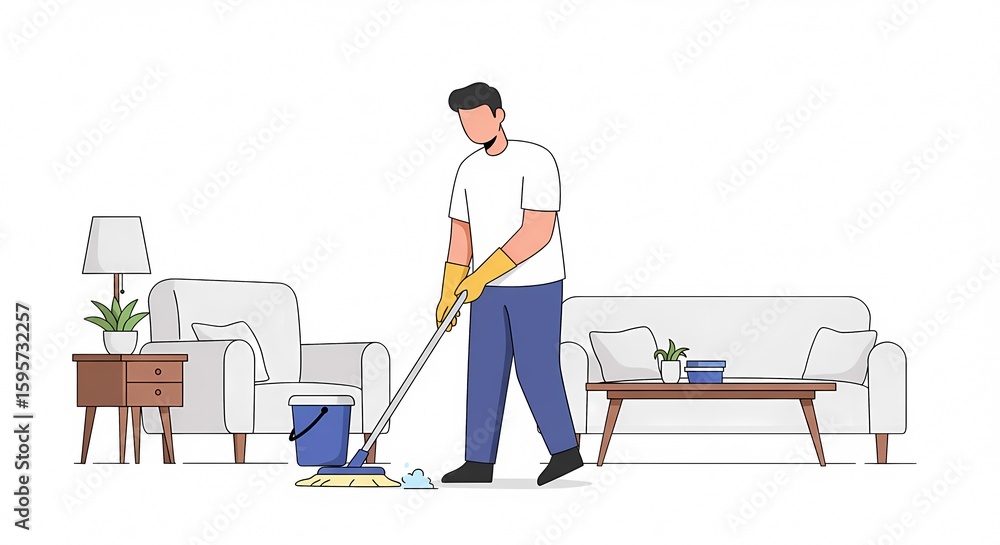 Fototapeta premium Man Mopping Floor in Living Room. Male Character Engaged in Domestic Chores and House Cleaning. Flat Style Vector Illustration for Home Maintenance...