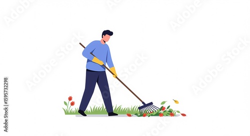 Man Raking Autumn Leaves on Green Grass. Seasonal Yard Work and Garden Cleanup. Flat Vector Illustration.