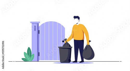 Man Disposing of Waste in a Trash Can. Flat Vector Illustration of Household Chores, Rubbish Removal, and Waste Management for Cleanliness and Envi...