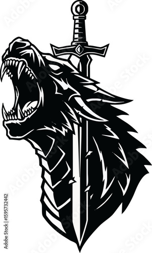 A stylized black and white illustration of a snarling wolf's head with a sword piercing through it.