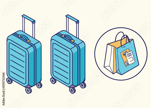 Blue wheeled luggage with shopping bag suitcase travel