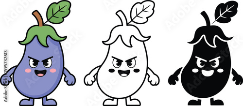 Angry eggplant cartoon vector illustration set for kids coloring book and creative design projects