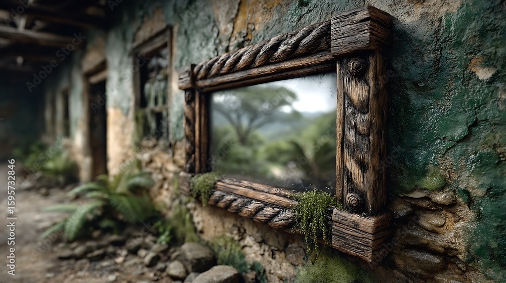 Fototapeta premium A heavy, Baroque-style frame mounted on a peeling green wall in a derelict hallway. The frame surrounds a mirror, reflecting a dusty chandelier in the distance.