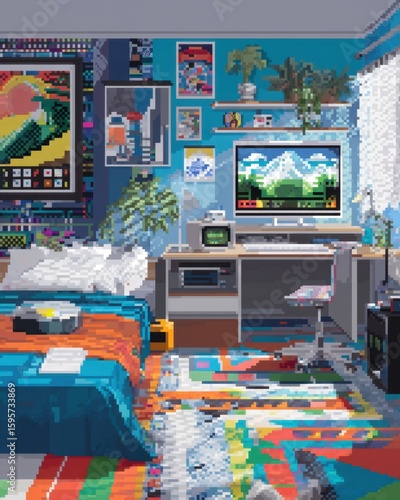 Colorful Retro Gaming Room with Pixel Art Decor and Vintage Computer