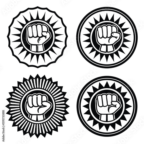 Black fist emblems with sunburst patterns white symbol