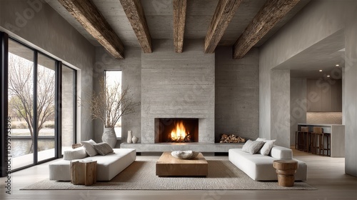 Living space in a modern home featuring concrete walls, exposed beams, and cozy designer furniture.
