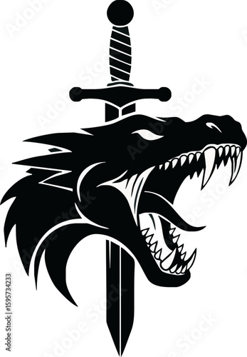 A snarling dragon's head pierced by a sword, a fierce black and white emblem.