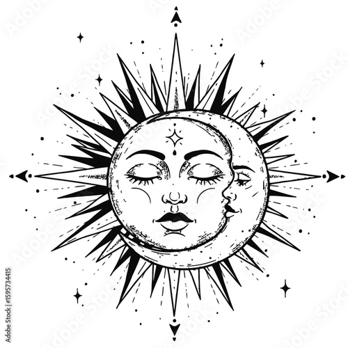 Moon and sun tattoo. Moon with face stylized as engraving.  hand drawn sketch  for print, tattoo flash