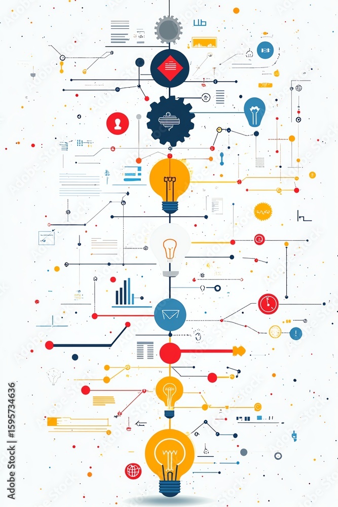Fototapeta premium From concept to execution business flow with gears and light bulb icons