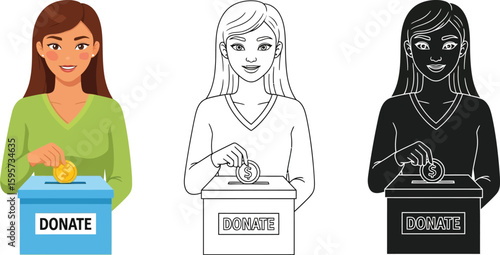 Donate money woman charity vector illustration fundraising help donation box volunteer support give cash