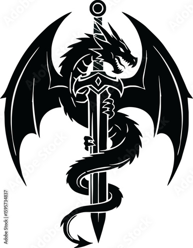 A black dragon with large wings, gripping a sword with its claws.