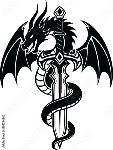 Black dragon with wings wrapped around a sword, detailed vector illustration on a white background.