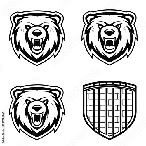 Fierce bear heads and shield emblem animal illustration