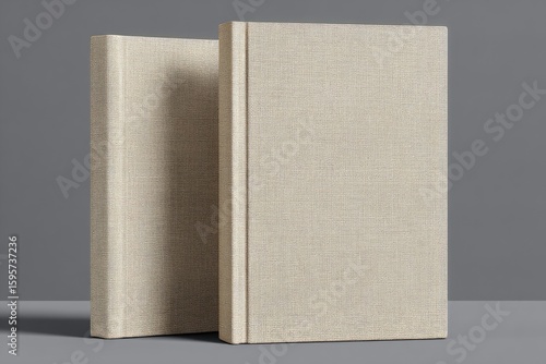 Two beige cloth-bound books on a gray surface