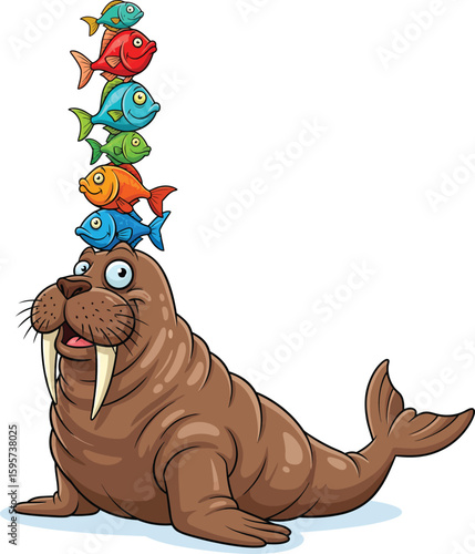 Humorous cartoon walrus balancing a stack of colorful fish on its head