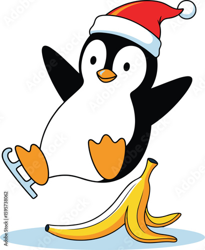 Funny Cartoon Penguin Slipping on Banana Peel Clipart