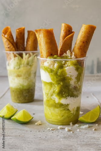 Mexican Taquitos in a Cup with Green Salsa and Cream