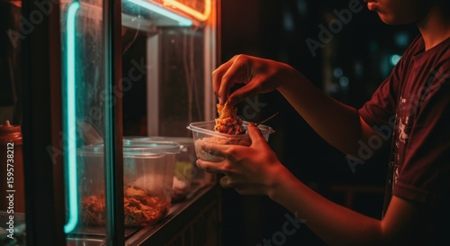 Night Street Food Delight: Person Enjoying Savory Meal at a Vibrant Food Stall Under Neon Lights