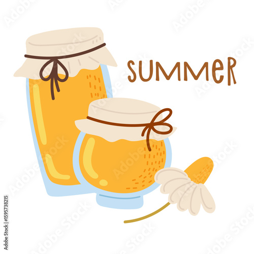 Bright jars of honey alongside summer flowers with a cheerful design celebrating the season