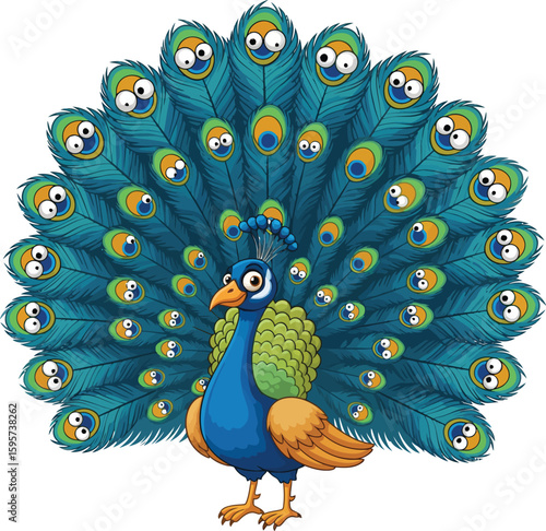 Regal Cartoon Peacock with Displayed Feathers Clipart
