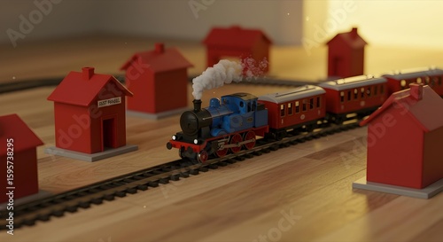 Toy Train Set on Wooden Floor with Red Houses, Model Railway Scenery