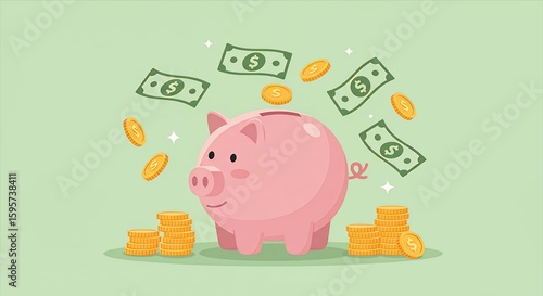 Cute Cartoon Piggy Bank with Falling Money, Financial Savings Illustration