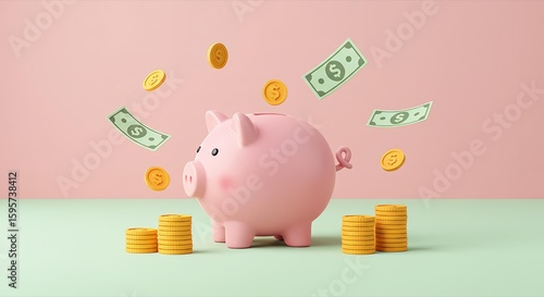 Pink Piggy Bank with Falling Money, Savings and Investment Concept, 3D Rendering