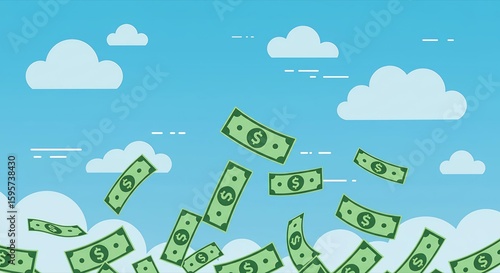 Money Rain Illustration: Falling Cash Against a Blue Sky Background