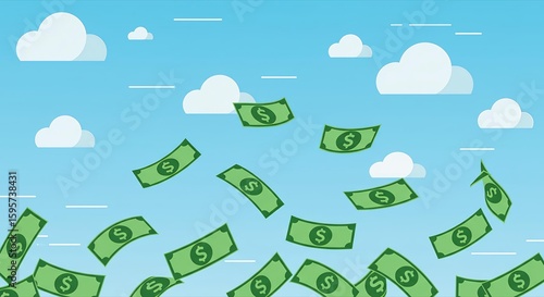 Money Rain Illustration: Falling Dollar Bills in Sky with Clouds, Financial Success Concept
