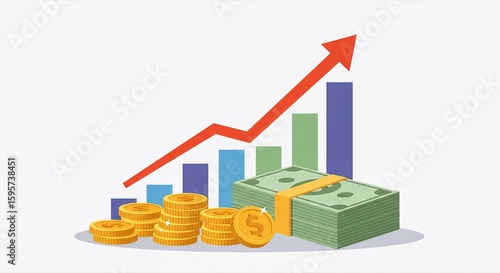 Financial Growth Chart with Money and Coins, Investment Illustration