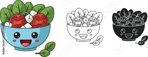 Kawaii salad bowl vector illustration with spinach tomato and feta cheese healthy food concept