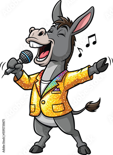 Funny Donkey Singer with Microphone and Gold Jacket Clipart