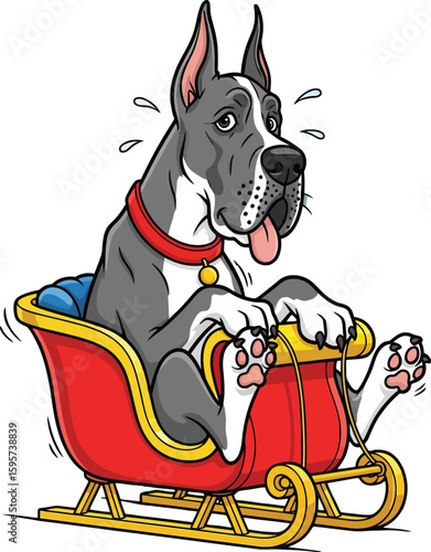 Funny Cartoon Great Dane Dog Riding Sleigh Clipart