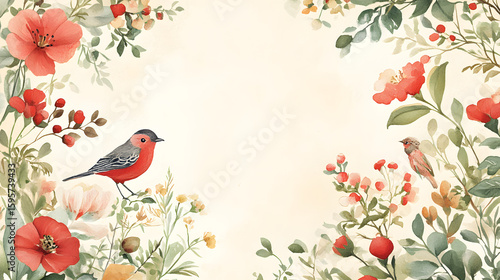 Floral greeting card with watercolor birds and flowers, featuring red and green hues, creating serene and elegant design