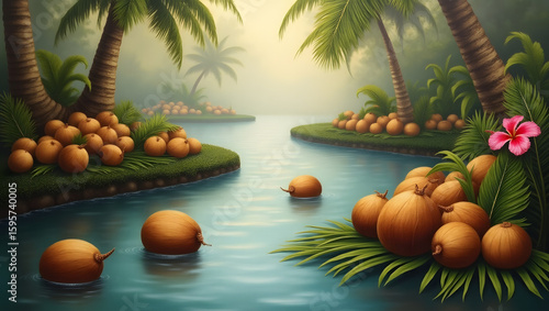 A serene and dreamy oil painting featuring a mesmerizing array of coconuts gently drifting along a winding