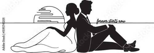 Silhouette Of Newlywed Couple Sitting Together With Wedding Cake