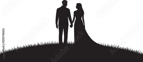 Silhouette Of Loving Couple Holding Hands On Hill
