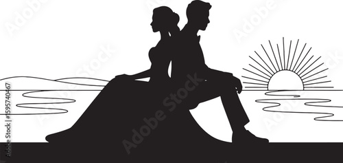 Silhouette Of Loving Couple Sitting Together At Sunset