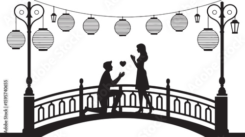 Romantic proposal on a bridge with lanterns and streetlights engagement couple