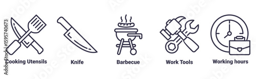 Cooking, Utensils, Knife, Barbecue, Tools, Working hours icon set illustration concept about Work Tools